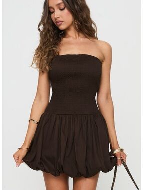 Princess Polly Strapless Smocked Bubble-Hem Mini Dress — Dark Brown